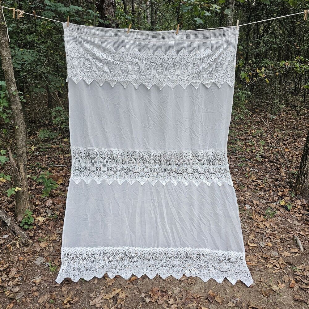 Ivory White Sheer Lace Curtain Panel with Attached Scalloped Valance 54x84"
